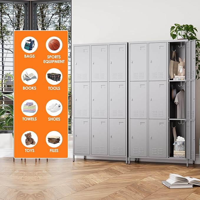 9 Doors Metal Locker with 27 Hooks and Business Card Holder,Metal Lockers for Employees with Ventilation Holes for School Office Gym Garage,Assembly Required,Dark Grey-DeskLoop Office
