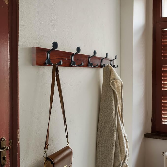 SKOLOO 30-Inch Cherry Wood Coat Rack Wall Mount with 5 Triple Hooks - Ideal for Family Entrances, Classrooms, and Pet Supplies Storage - Perfect Coat Hooks for Wall-DeskLoop Office