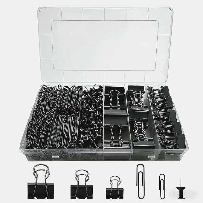 282 Pcs Black Office Clips Set Binder Clips and Paper Clips Push Pin Colored by Unknown