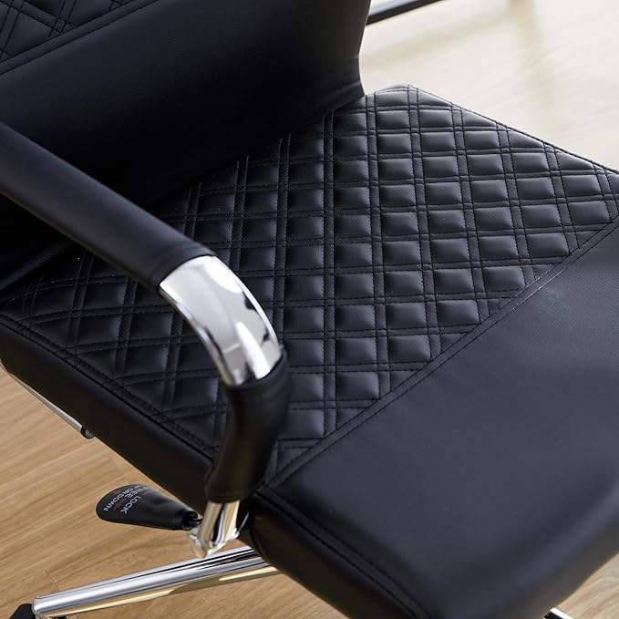 Livinia Modern Executive Office Chair with Patterned Back Design, Chrome & Leather Swivel Chair with High Back, Adjustable Height, Removable Armrests, and Wheels for Home Office (Black(Chrome))-DeskLoop Office