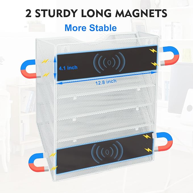 EASEPRES Magnetic 5 Pocket Mesh Hanging File Organizer, Wall Mounted Mail Paper Document Folder Holder, Clipboard Storage Organization Magazine Rack with Nametag Label for Office Home School, White-DeskLoop Office