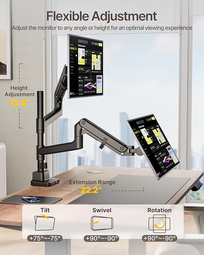 monTEK 17-57 Inch Dual Ultrawide Monitor Arm for Up to 59.4lbs Screen, Aluminum Heavy-Duty Gas Spring Vertical Stackable Curved Screen Adjustable Monitor Stand,75/100mm Vesa Mount, Black-DeskLoop Office