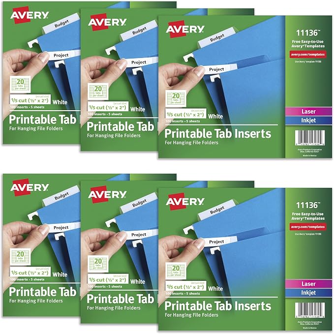 Avery WorkSaver Tab Inserts, Fits 2" Tabs, 100 Inserts Per Pack, 600 Inserts by Avery