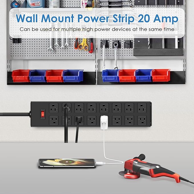 JUNNUJ Heavy Duty 20 Amp Power Strip with Surge Protection 3000J, Garage 16 Outlets Metal 12 Gauge, Desk Strips Wide Spaced, High Amp 5-15P Adapter Shop 6-20R T-Slot Industrial Outlets (16AC, 6FT)-DeskLoop Office