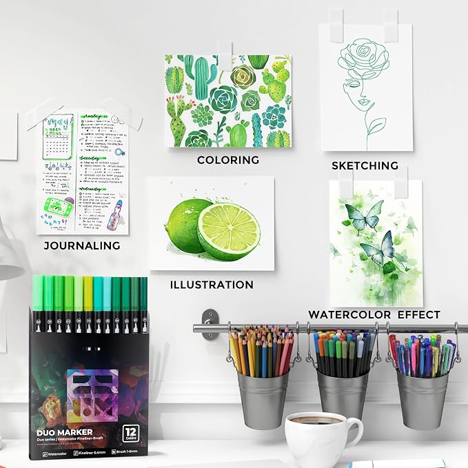 ZSCM Green Duo Tip Marker Pens, 12 Pack Fine & Brush Markers - Image 6