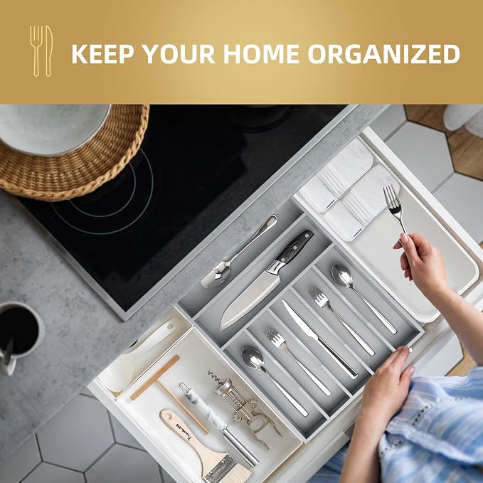 Besilord Silverware Organizer 13 Inch Gray Bamboo Kitchen Drawer Organizer 7 - Image 5