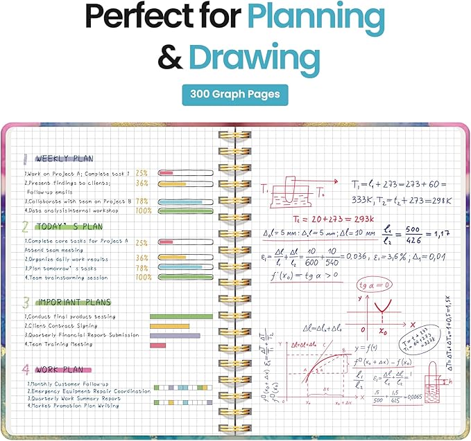 Spiral Graph Paper Notebook Journal for Work, 300 Pages, Thick B5 (7.1"x10") Grid Journals for Women & Writing, Hardcover Notebook for Note Taking, Perfect for Work School Note Taking Business, Color Splash-DeskLoop Office