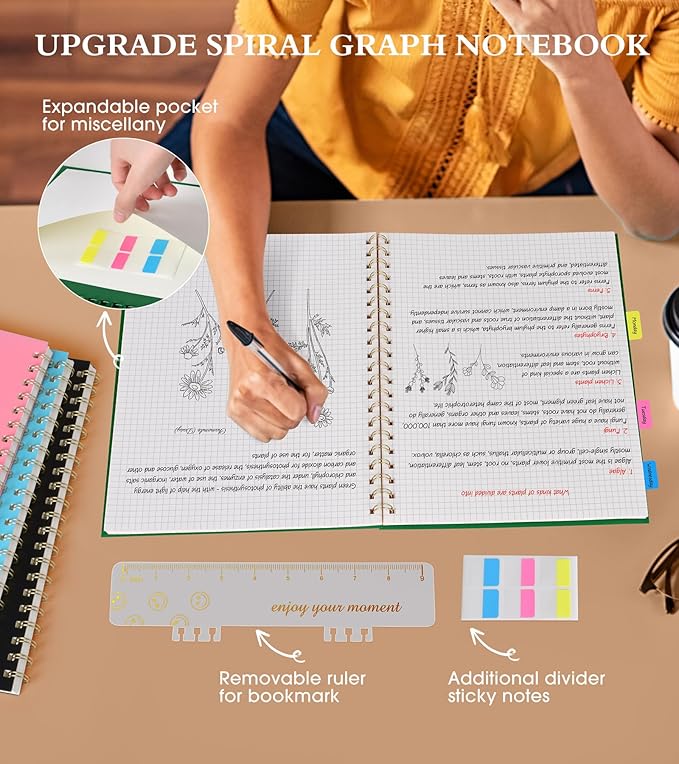 Graph Paper Notebook, Spiral Notebook Journal 8.5” x 11”, A4 Large Grid Notebooks for Women Men, 100 GSM Graph Paper, Plastic Hardcover Spiral Graphing Journals for Work School Engineerin, Green-DeskLoop Office