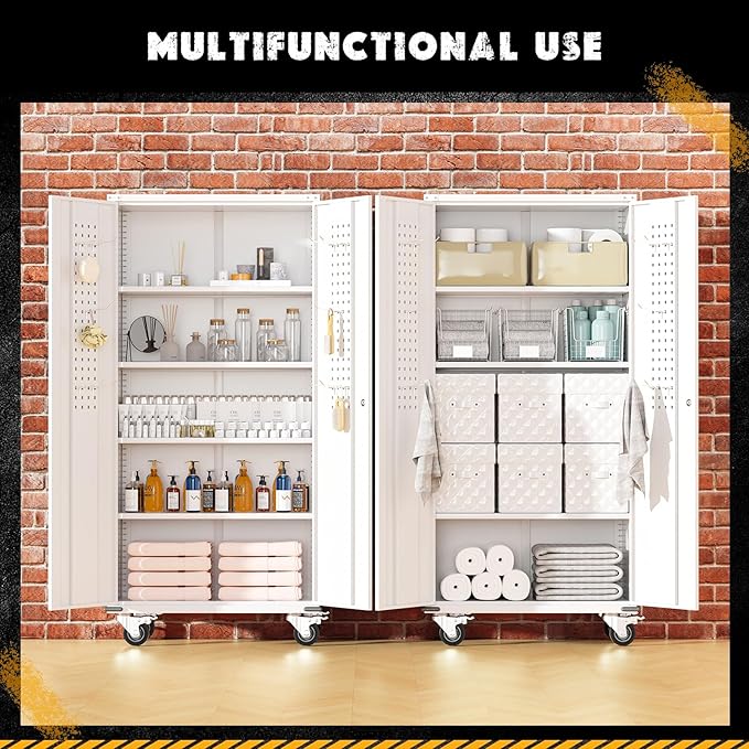 Greenvelly 72" Metal Storage Cabinet with Wheel and Pegboard, Lockable White Metal Garage Cabinets with 2 Doors and 4 Adjustable Shelves, Rolling Steel Tool Cabinet for Garage, Home Office, School-DeskLoop Office