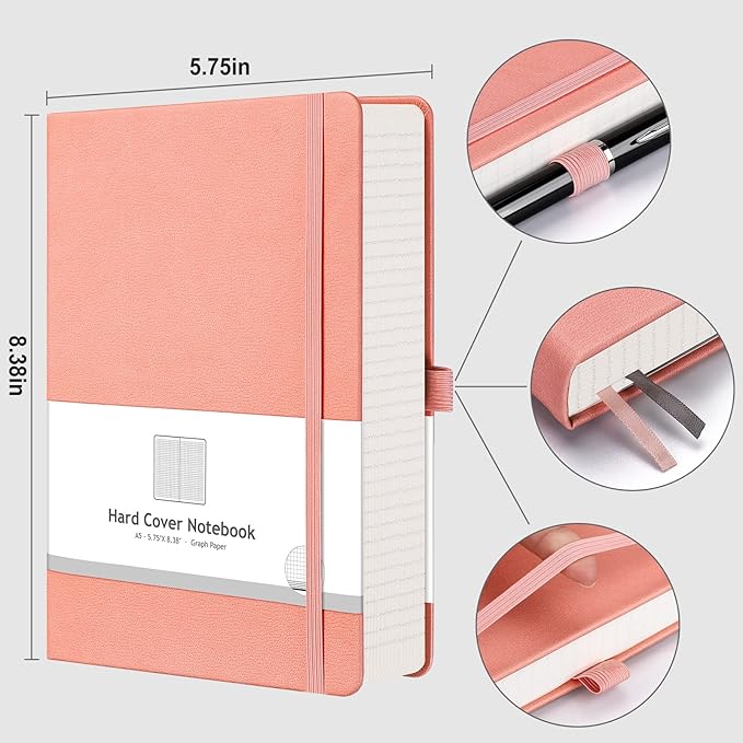 AHGXG Graph Paper Notebook - 320 Pages Grid Notebook Thick Journal A5, 100gsm Thick Graph Paper, Leather Hardcover, Inner Pocket,5.75'' × 8.38''- Pink-DeskLoop Office