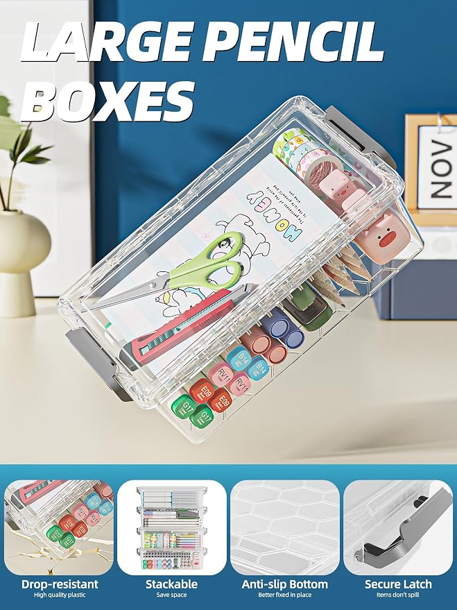 BiuLeon 4 Pack Extra Large Pencil Box, Plastic Pencil Case Organizer, Stackable - Image 5