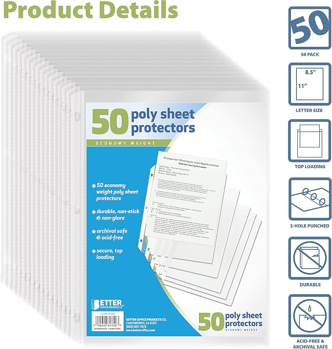 Better Office Products Clear Sheet Protectors, 50 Pack Sheet Protectors 8.5 x 11 - Image 3