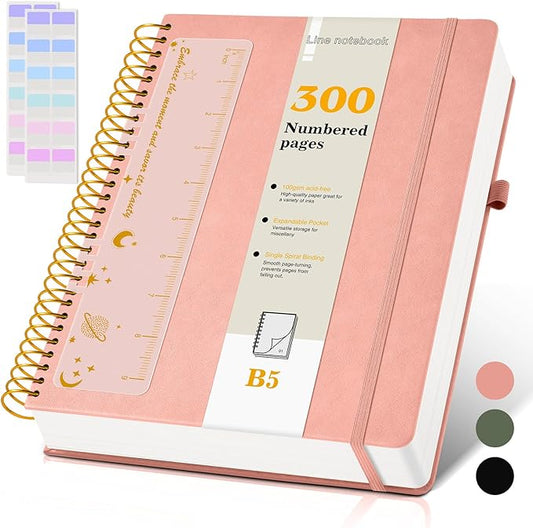 B5 Spiral Notebook Journal 7.6” x 10”, 300 Numbered Pages Hardcover Leather Journals for Women Men, Large Lined College Ruled Notebooks, 100GSM Thick Paper, Spiral Bound Journal for Work School, Pink