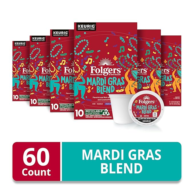 Folgers Mardi Gras Blend Medium-Dark Roast Coffee, Keurig K-Cup pods, 10 Count Box (Pack of 6)-DeskLoop Office