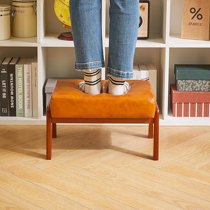 IBUYKE 10.2” H Small Foot Stool Ottoman, Rectangle PU Faux Leather Foot Rest with Padded Seat and Wood Legs, Modern Ottoman Foot Rest for Living Room Bedroom Couch Office, Yellowish-Brown WBD013J-DeskLoop Office