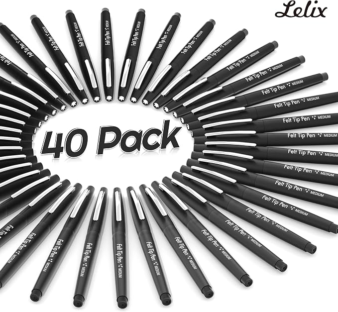 Lelix Felt Tip Pens, 40 Black Pack, 0.7mm Medium Point, Felt Tip Markers Pens - Image 2