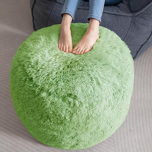 HIGOGOGO Round Stuffed Pouf Ottoman, Long Faux Fur Poufs with Foam Chunk Filling, Fluffy and Furry Pouf Foot Stool Storage Ottoman, 26 X 18 Floor Poufs Foot Rest for Living Room, Green-DeskLoop Office