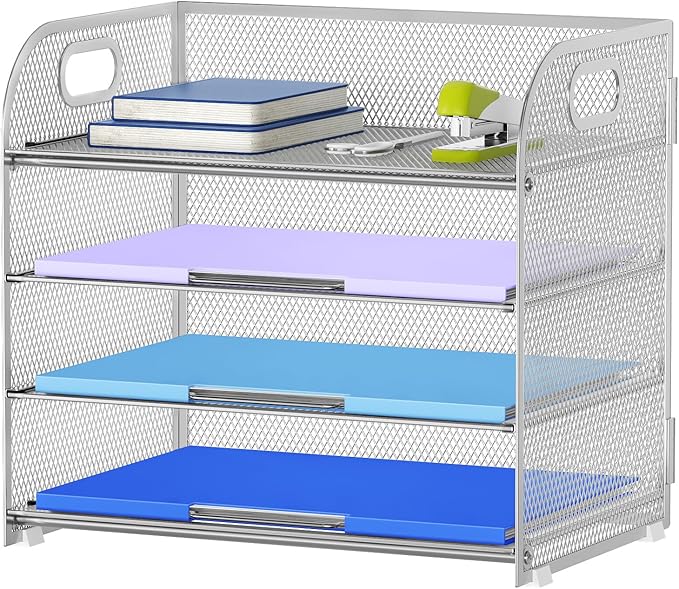 Marbrasse 4 Tier Paper Organizer Letter Tray - Mesh Desk File Organizer with Handle, Paper Sorter Organizer for Letter/A4 Office File Folder Holder (Silver, 12.6" x 9.1" x 10.7")