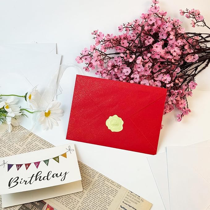 YINUOYOUJIA 50 PCS Pearl Red Envelopes A7, 5 x 7 Red Shimmer Envelopes - Image 5
