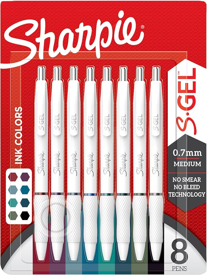 Sharpie S-Gel | Gel Pens for Writing | Medium Point (0.7mm) | Assorted Ink Colours | White Pearl Barrels | 8 Count-DeskLoop Office