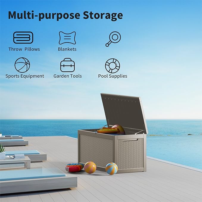 320 Gallon Outdoor Storage Box Patio Deck Box Waterproof, Resin Lockable Outside Large Storage Bin for Pool Cushion Furniture, Garden Tools UV-Resistant, Grey-DeskLoop Office