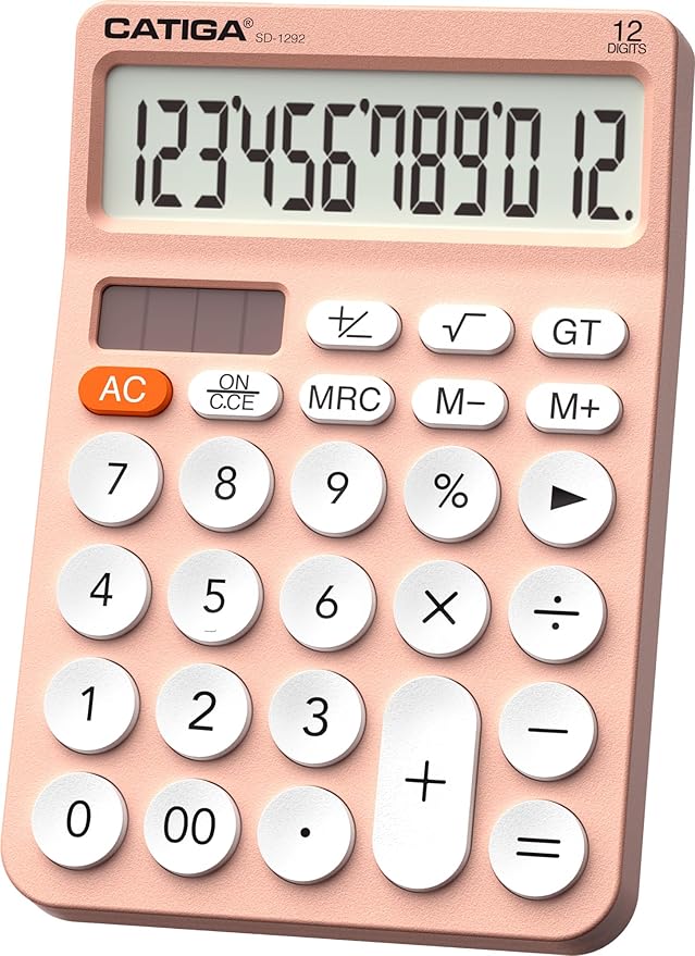 CATIGA 12 Digit Desktop Calculator Basic Desk Calculator with Large LCD Display, Big Buttons, 4 Function, Solar and Battery Dual Power, for Office, School, Home, SD-1292 Pink-DeskLoop Office