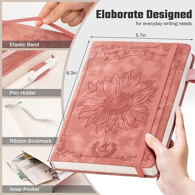 Sunflower Journal for Girls Women Journals for Writing 100GSM College Ruled A5 Leather Notebook for Girls Ages 8-12 Flower Diary with Heart-shaped Shadow, 5.7" x 8.3", Pink-DeskLoop Office