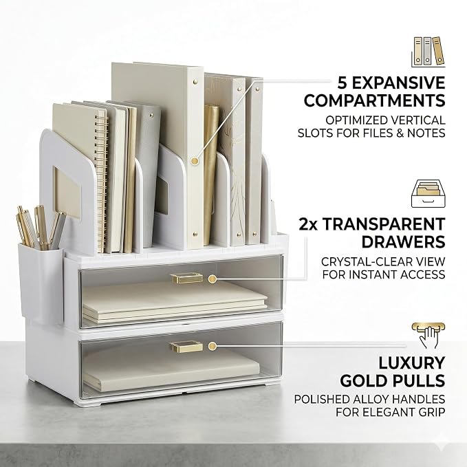 CiWiVOKi Desk Organizer with 4 File Slots and 2 Drawers, notebooks and office - Image 6