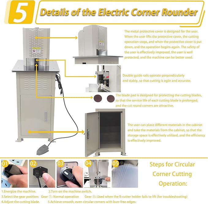 Electric Round Corner Cutter Machine with 5 Blades (8/10/12/16/21mm Radius) Foot Pedal Operation Safety Guard Heavy Duty Paper Corner Rounder for Paper Cardstock Leather Plastic-DeskLoop Office