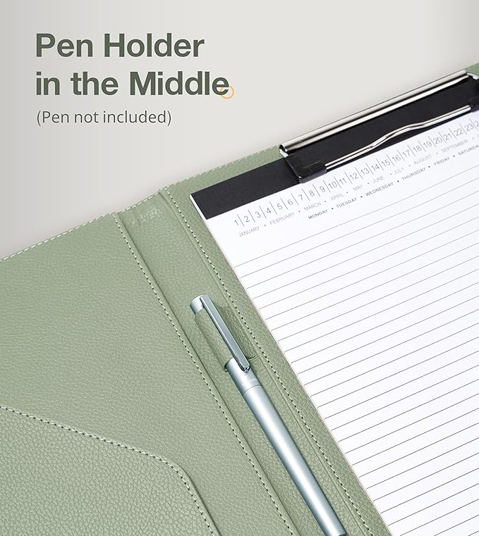 Clipboard Folder Padfolio, Mymazn Writing Portfolio Faux Leather Clipboards with Cover for Legal Pad Holder Letter Size A4 8.5 x 11 for Business Conference Notepad Clip Board (Sage)-DeskLoop Office