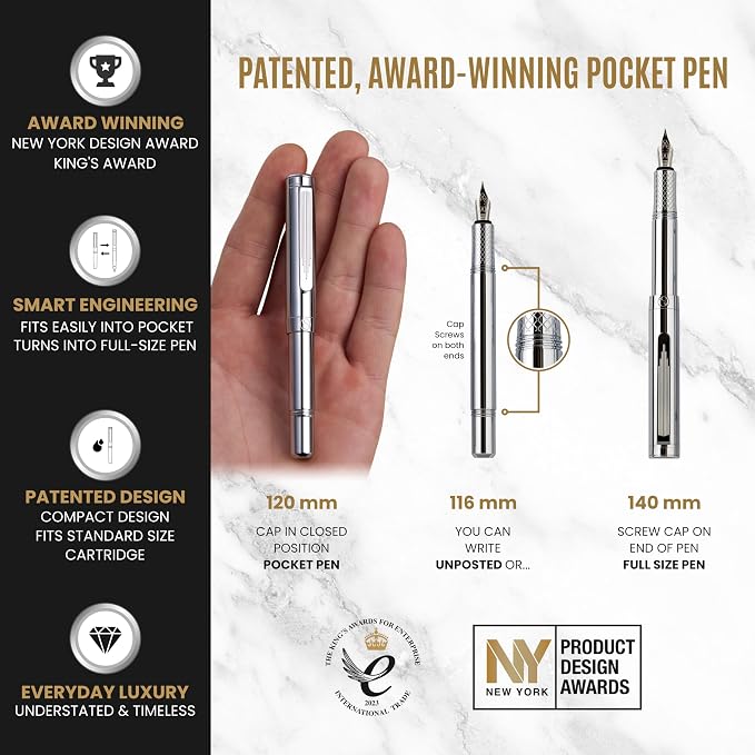 Scriveiner Personalized Silver Chrome Fountain Pen, Award Winning Luxury Pen - Image 4