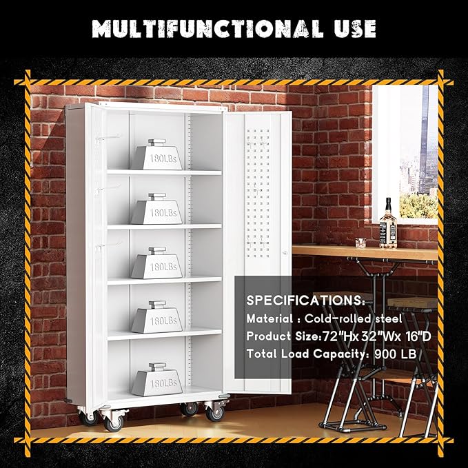 Greenvelly 72" Metal Storage Cabinet with Wheel and Pegboard, Lockable White Metal Garage Cabinets with 2 Doors and 4 Adjustable Shelves, Rolling Steel Tool Cabinet for Garage, Home Office, School-DeskLoop Office