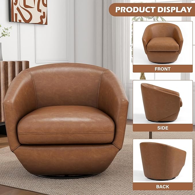UIXE Faux Leather Swivel Accent Chairs Set of 2, Barrel Chair Upholstered Club Armchair for Living Room, Comfy Single Sofa Bedroom Side Reading Seat - Brown-DeskLoop Office