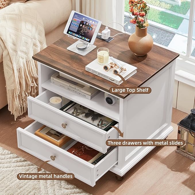 24" Wide Farmhouse Nightstand with Charging Station, End Table with 2 Drawers, White Wood Dresser for Bedroom Cabinet, Bed Side Table Chest of Drawers, Night Stand for Living Room, Closet-DeskLoop Office