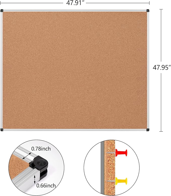 Large Cork Bulletin Board 48" X 48", Wall Mounted Notice Pin Board - Image 6