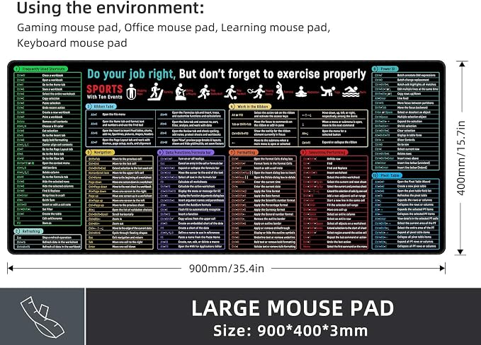 Rinaze Large Mouse Pad With Excel Shortcuts Cheat Sheet, Excel Tips Desk Mat - Image 5