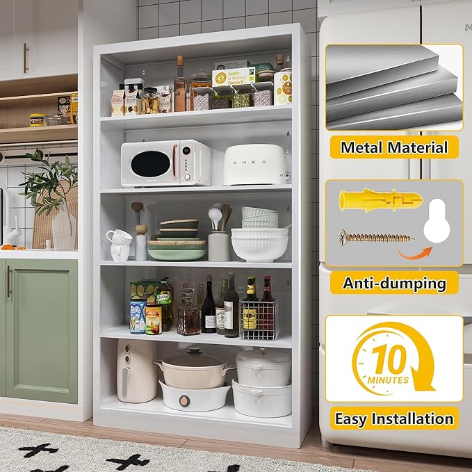 5 Tier Bookshelf, Metal White Book Shelf with Backboard, Adjustable 55" Tall Bookcase, Modern Book Shelves for Living Room, Office, Bedroom, School-DeskLoop Office