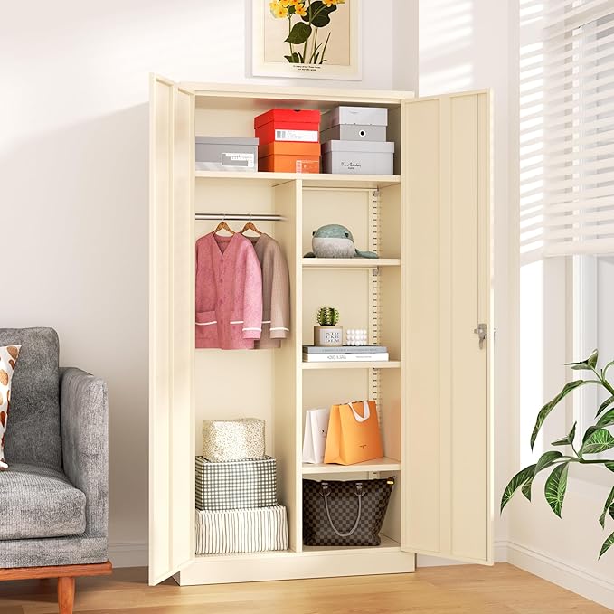 Greenvelly Metal Storage Wardrobe Cabinet with Lock, 72" Grey Metal Wardrobe Closet for Hanging Clothes with Doors and Shelves, Modern Clothes Closet for Home, Office and Bedroom, School,Gym-DeskLoop Office