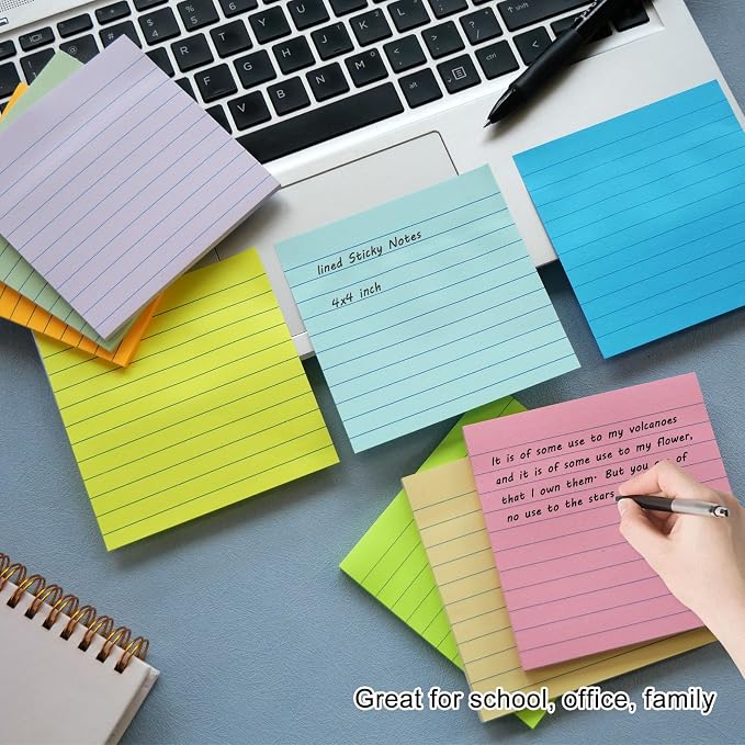 HQCME 9 Pads Lined Sticky Notes 4x4 in Post, 9 Multi Colors Super Sticking - Image 3