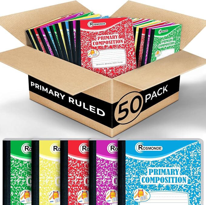 Rosmonde 50 Pack Bulk Composition Notebook, K-2 Primary Ruled, 200 Pages by Rosmonde