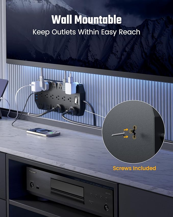 18 Widely Outlets Power Strip, SUPERDANNY Surge Protector with 4 USB Ports, 15FT Flat Plug Heavy Duty Extension Cord, 2100J, 1875W/15A, Wall Mount Holes for Home, Office, Dorm, Black-DeskLoop Office