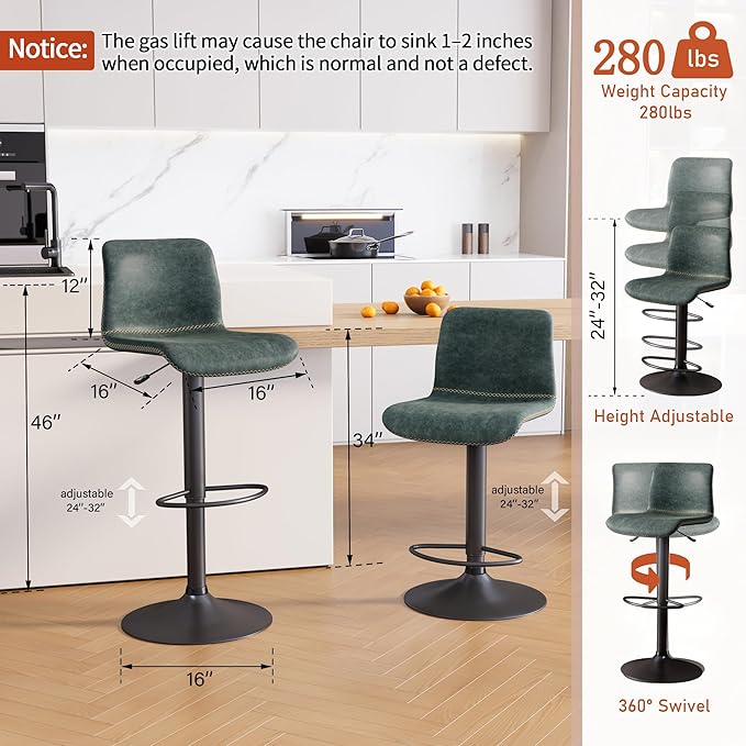 HeuGah Swivel Bar Stools Set of 2, Adjustable Counter Height Barstools with Back, Faux Leather Bar Chairs for Kitchen Island (Deep Teal, Set of 2 (24'' to 32''))-DeskLoop Office