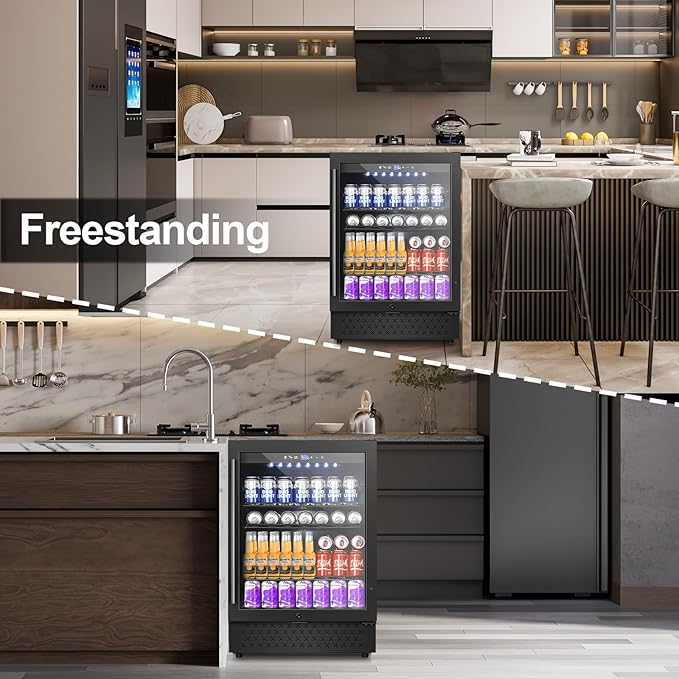 24 Inch Beverage Refrigerator, 5.2 Cu. Ft. Drink Refrigerator with Glass Door, 200 Cans Under Counter & Freestanding Drink Fridge, Reversible Door, Built-In Beverage Cooler for Kitchen, Bar or Office.-DeskLoop Office