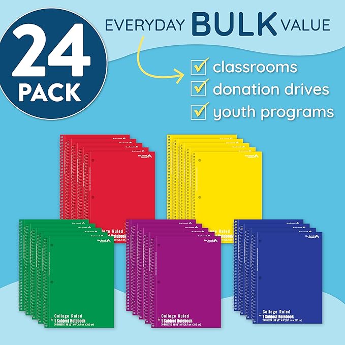 Blue Summit Spiral Notebooks Bulk, One Subject Spiral Notebook College Ruled, Perforated Notebook, 8 x 10.5 for Work and School, Paper, College Ruled, Bulk 24 Pack-DeskLoop Office