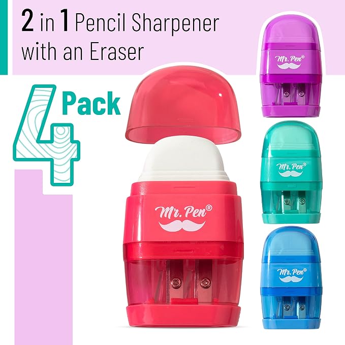 Mr. Pen- Pencil Sharpener & Eraser, 4 Pack | 2-in-1 Manual Sharpeners - Image 2