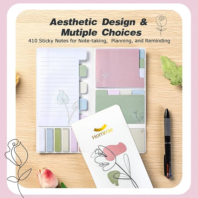 Hommie Sticky Notes Set, Divider Sticky Notes 410 Packs Planner Sticky Note Dividers Tabs with Color Coding for School Supplies, Office Supplies, Book Notes,Bible Sticky Notes-DeskLoop Office
