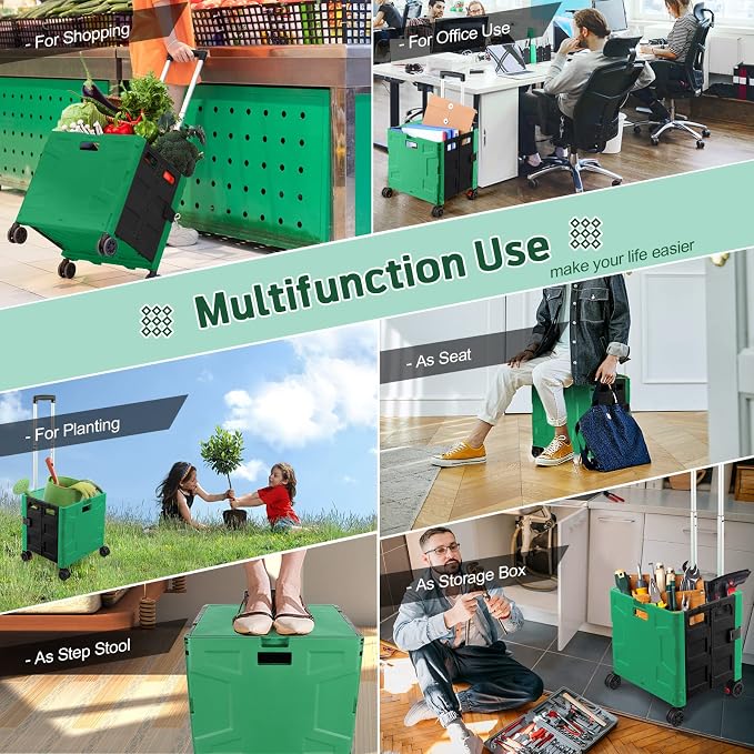 FELICON Folding Utility Cart Rolling Crate Handcart Basket-Dark Green+Black | - Image 7