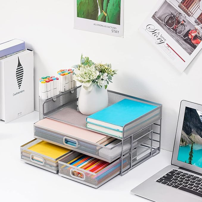 Marbrasse 3 Tier Mesh Desk Organizer with Drawer, Multi-Functional Desk Organizers and Accessories, Paper Letter Organizer with 2 Pen Holder for Home Office Supplies (Silver)-DeskLoop Office