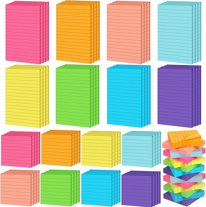 Yexiya 64 Pcs Lined Sticky Notes Self Stick Notes with Lines Bright Assorted Colors Sticky Pad for Home Office Products Post Memos, 1920 Sheets(4 x 6 Inch, 3 x 3 Inch,Vivid Color)-DeskLoop Office