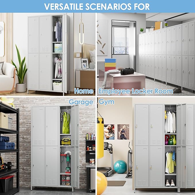6 Doors Metal Locker with Business Card Holder,Metal Locker for Employees with 18 Hooks for School Garage Office Gym Home,Assembly Required,Light Grey-DeskLoop Office